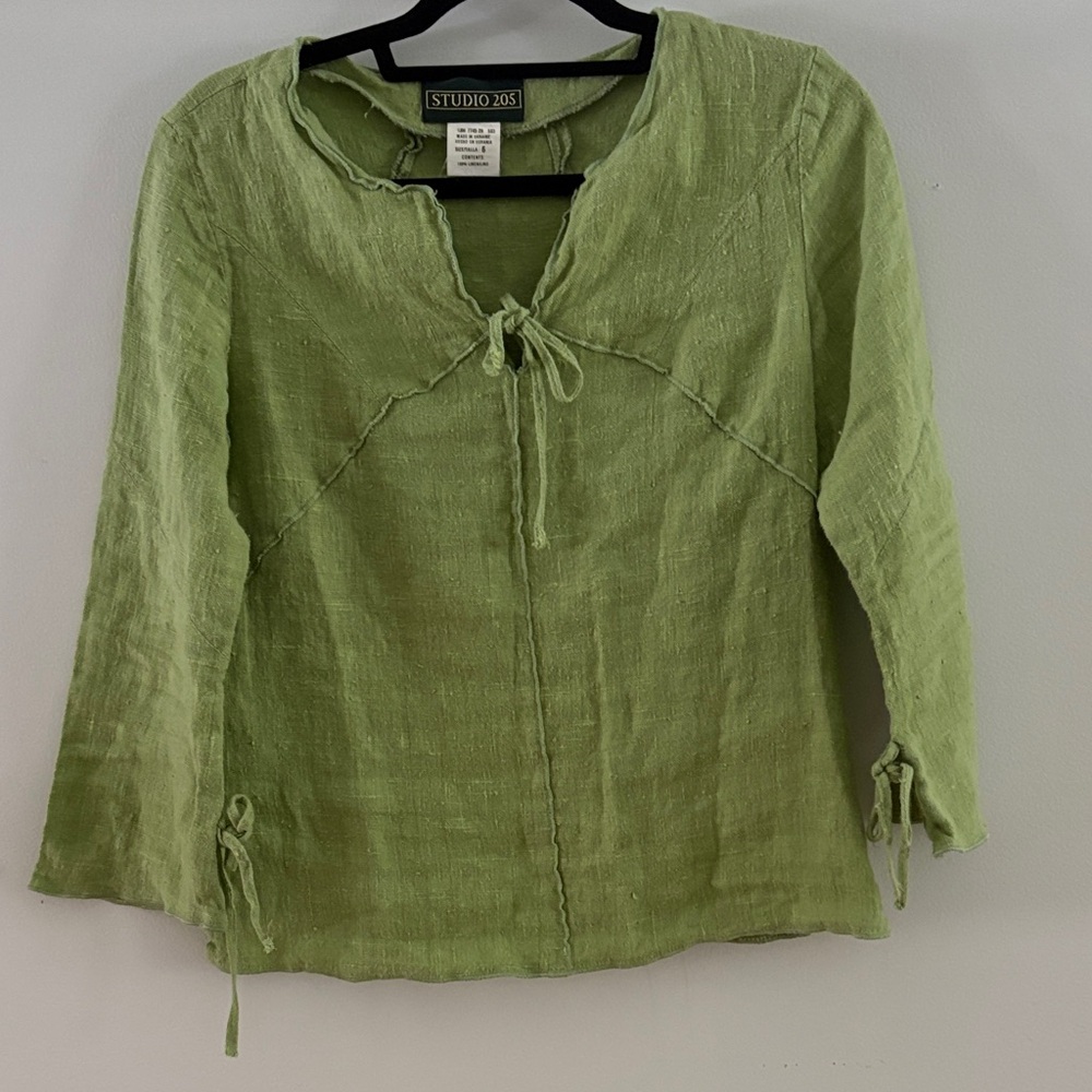 Studio 205 Ukraine Light Green Tie-Front Linen Peasant Top